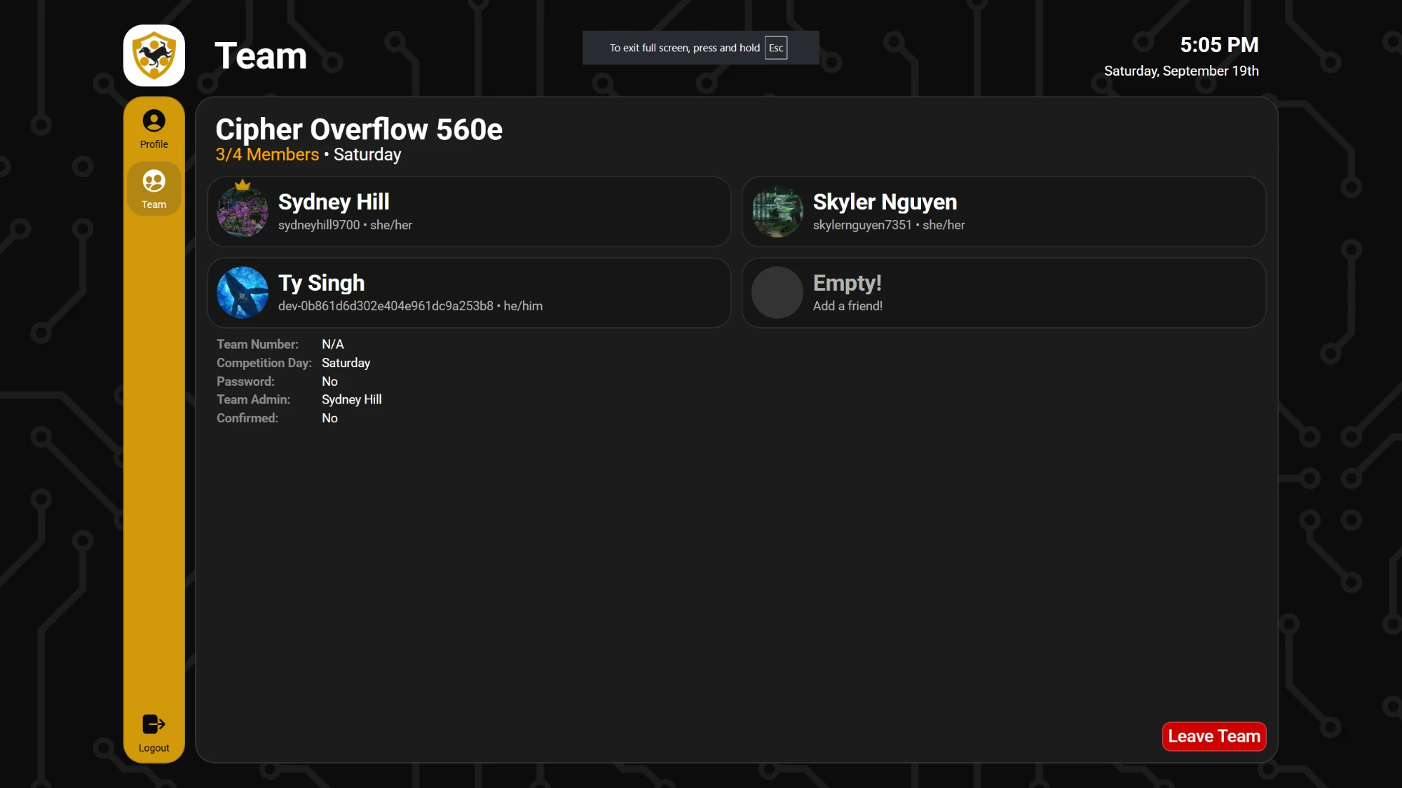 Team detail page for Cipher Overflow 560e showing its members